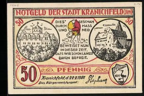 Notgeld Kranichfeld /Ilm 1921, 50 Pfennig, Geburtshaus vom Lindenwirtin-Dichter