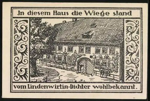 Notgeld Kranichfeld /Ilm 1921, 50 Pfennig, Geburtshaus vom Lindenwirtin-Dichter