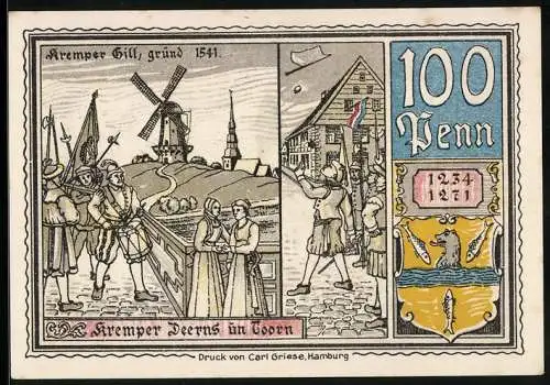 Notgeld Krempe 1920, 100 Pfennig, Rathaus, Kremper Deers un Toorn, Wappen