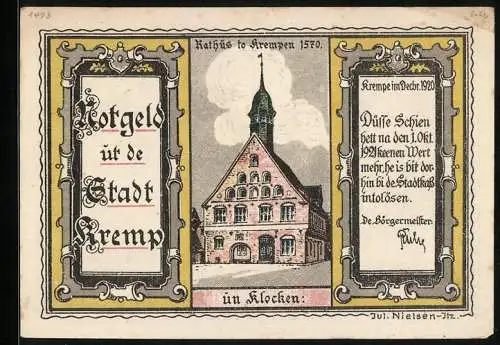 Notgeld Krempe 1920, 100 Pfennig, Rathaus, Kremper Deerns un Toorn, Wappen