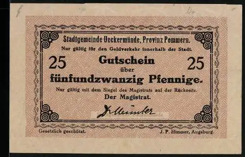 Notgeld Ueckermünde /Pomm., 25 Pfennig, Signatur, Gutschein