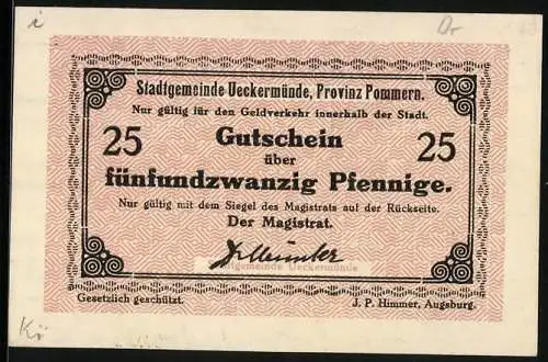 Notgeld Ueckermünde /Pomm., 25 Pfennig, Signatur, Gutschein