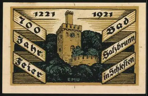 Notgeld Bad Salzbrunn in Schl. 1921, 50 Pfennig, Burgturm, 700Jahr-Feier 1221-1921, Gutschein