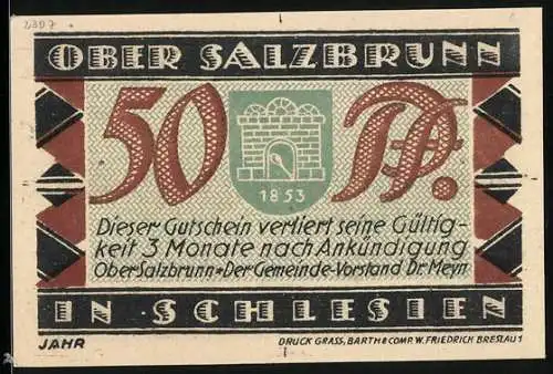 Notgeld Bad Salzbrunn i. Schl. 1921, 50 Pfennig, Ortspartie und Wappen, 700Jahr-Feier 1221-1921, Gutschein