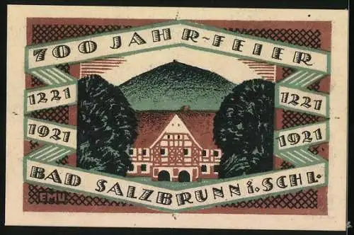 Notgeld Bad Salzbrunn i. Schl. 1921, 50 Pfennig, Ortspartie und Wappen, 700Jahr-Feier 1221-1921, Gutschein