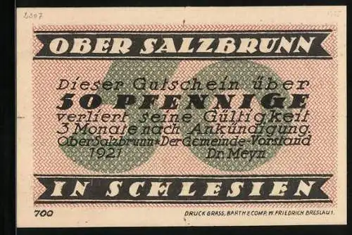 Notgeld Bad Salzbrunn i. Schl. 1921, 50 Pfennig, Panorama, Feier des 700jährigen Bestehens 1221-1921, Gutschein