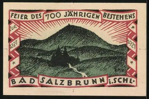 Notgeld Bad Salzbrunn i. Schl. 1921, 50 Pfennig, Panorama, Feier des 700jährigen Bestehens 1221-1921, Gutschein