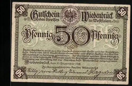 Notgeld Wiedenbrück i. Westf. 1918, 50 Pfennig, Schloss, Gutschein
