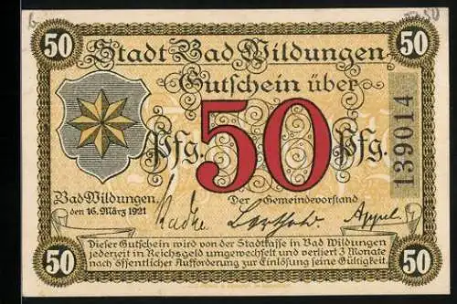 Notgeld Bad Wildungen 1921, 50 Pfennig, Kurpark mit Heilquelle, Gutschein