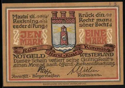 Notgeld Westerland /Sylt 1921, 1 Mark, Fischer blickt aufs Meer hinaus, Wappen