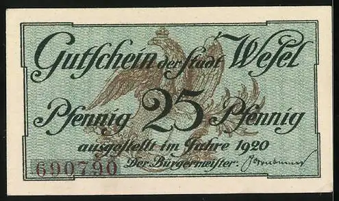 Notgeld Wesel 1920, 25 Pfennig, Berliner Tor, Gutschein