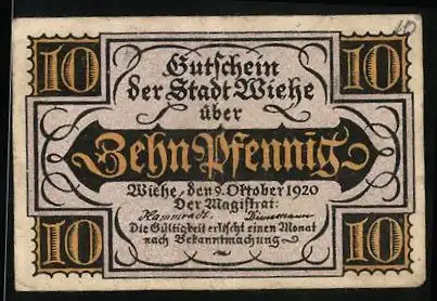 Notgeld Wiehe 1920, 10 Pfennig, Rathaus und Kirche, Gutschein