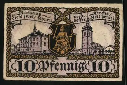 Notgeld Wiehe 1920, 10 Pfennig, Rathaus und Kirche, Gutschein