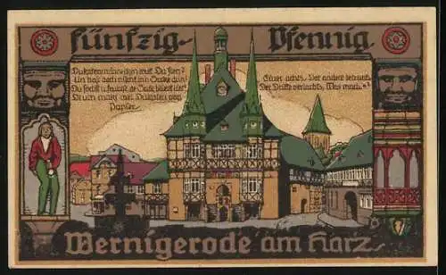 Notgeld Wernigerode /Harz 1920, 50 Pfennig, Rathaus und Wappen, Gutschein