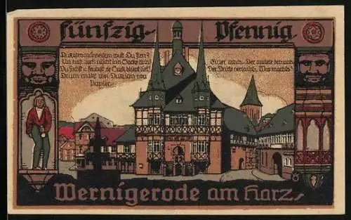 Notgeld Wernigerode /Harz 1920, 50 Pfennig, Rathaus und Wappen, Gutschein