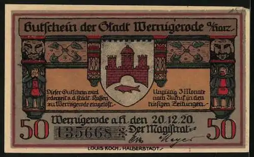 Notgeld Wernigerode /Harz 1920, 50 Pfennig, Rathaus und Wappen, Gutschein