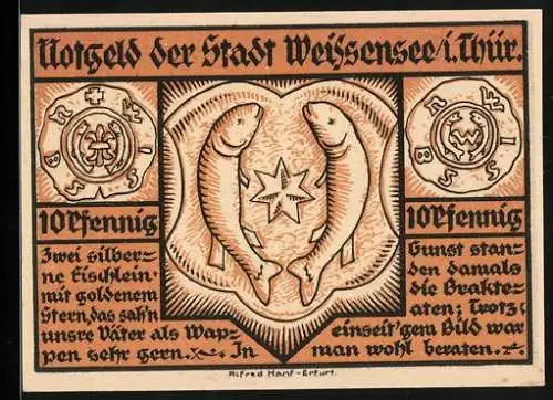Notgeld Weissensee i. Thür. 1921, 10 Pfennig, Getreide im Sonnenlicht, Wappen