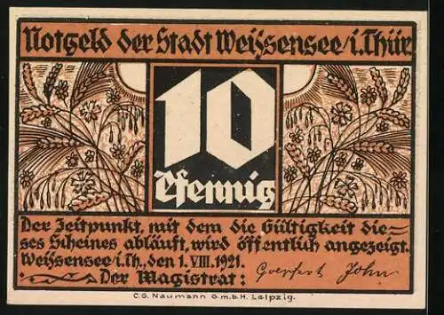 Notgeld Weissensee i. Thür. 1921, 10 Pfennig, Getreide im Sonnenlicht, Wappen