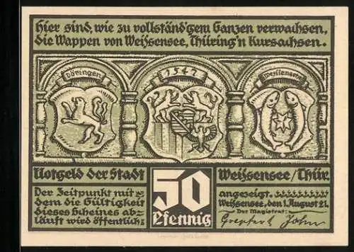 Notgeld Weissensee i. Thür. 1921, 50 Pfennig, Ortspartie und Wappen