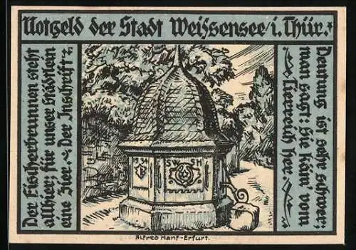Notgeld Weissensee i. Thür. 1921, 25 Pfennig, Bauer auf dem Feld, Fischerbrunnen