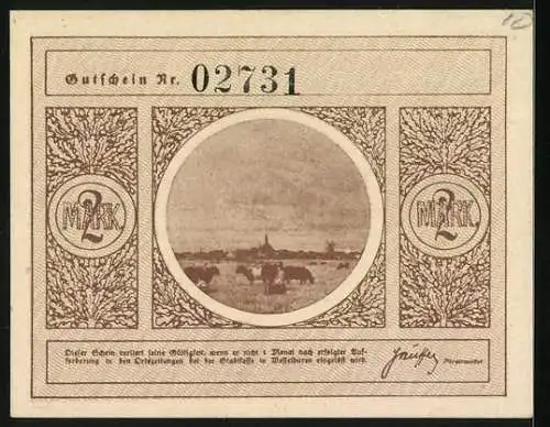 Notgeld Wesselburen in Dithmarschen, 2 Mark, Panorama, Bildnis eines prominenten Sohnes der Stadt