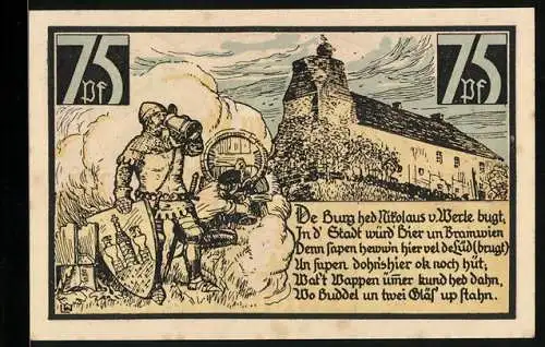 Notgeld Wesenberg 1921, 75 Pfennig, Burganlage, Ritter mit Schild und Bierkrug, Wappen, Gutschein
