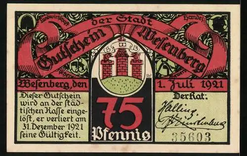 Notgeld Wesenberg 1921, 75 Pfennig, Burganlage, Ritter mit Schild und Bierkrug, Wappen, Gutschein