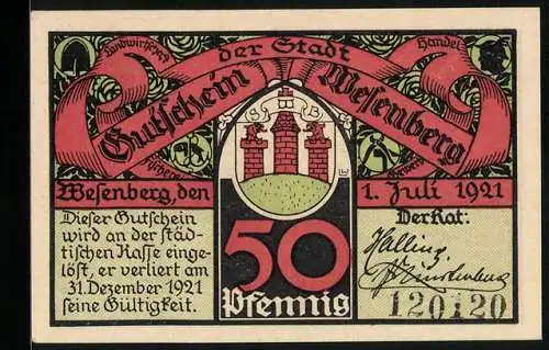 Notgeld Wesenberg 1921, 50 Pfennig, Fischer und Metzger bei der Arbeit, Wappen, Gutschein