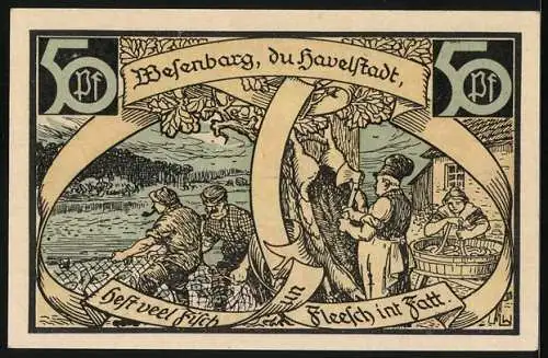 Notgeld Wesenberg 1921, 50 Pfennig, Fischer und Metzger bei der Arbeit, Wappen, Gutschein