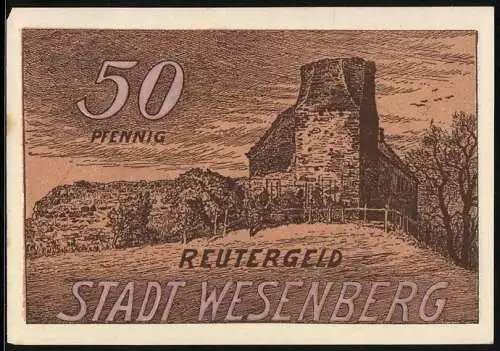 Notgeld Wesenberg, 50 Pfennig, Bauer bei der Feldarbeit, Ortspartie