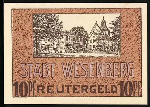 Notgeld Wesenberg 1922, 10 Pfennig, Panorama und Ortspartie