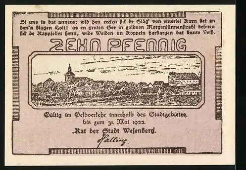 Notgeld Wesenberg 1922, 10 Pfennig, Panorama und Ortspartie