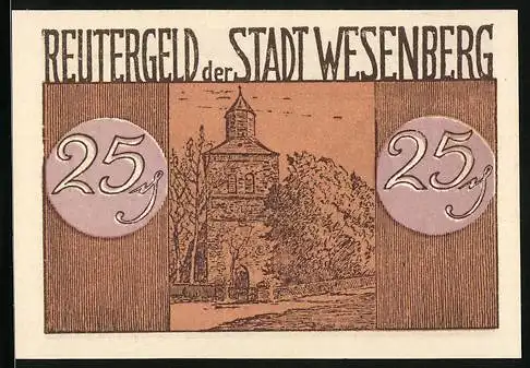Notgeld Wesenberg 1922, 25 Pfennig, Strassenpartie und Kirche