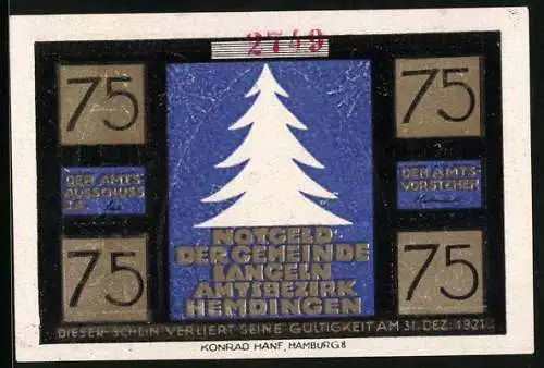 Notgeld Langeln 1921, 75 Pfennig, Elfchens Reise auf die Erde, Weihnachtsspiel
