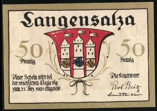 Notgeld Langensalza 1921, 50 Pfennig, 60jähriges Bestehen der freiw. Turner-Feuerwehr 1921, Wappen