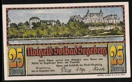 Notgeld Bad Segeberg 1920, 25 Pfennig, Stadtpanorama und Wappen