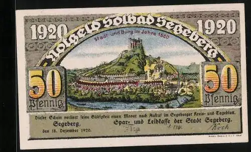 Notgeld Bad Segeberg 1920, 50 Pfennig, Stadt und Burg im Jahre 1580, Blick zur Kirche