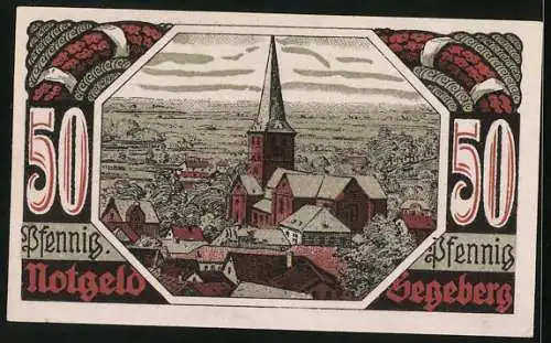 Notgeld Bad Segeberg 1920, 50 Pfennig, Stadt und Burg im Jahre 1580, Blick zur Kirche