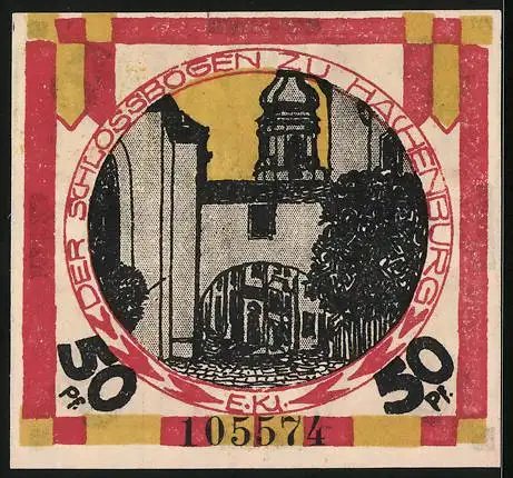 Notgeld Hachenburg 1921, 50 Pfennig, Schlossbogen zu Hachenburg, Wappen