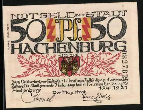 Notgeld Hachenburg 1921, 50 Pfennig, Ortsansicht und Wappen