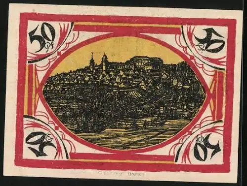 Notgeld Hachenburg 1921, 50 Pfennig, Ortsansicht und Wappen