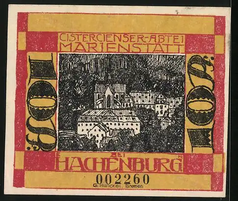 Notgeld Hachenburg 1921, 10 Pfennig, Cistercienser-Abtei Marienstatt, Wappen