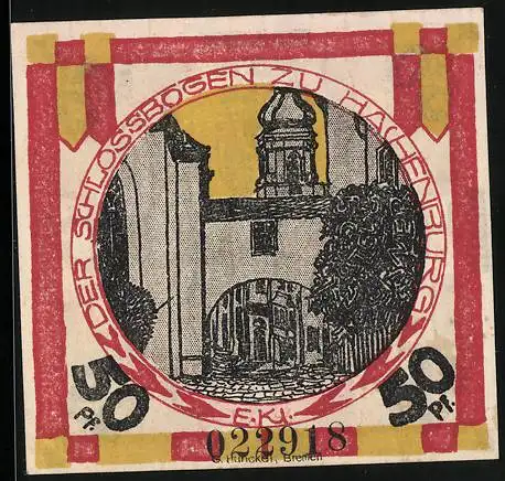 Notgeld Hachenburg 1921, 50 Pfennig, Schlossbogen zu Hachenburg, Wappen
