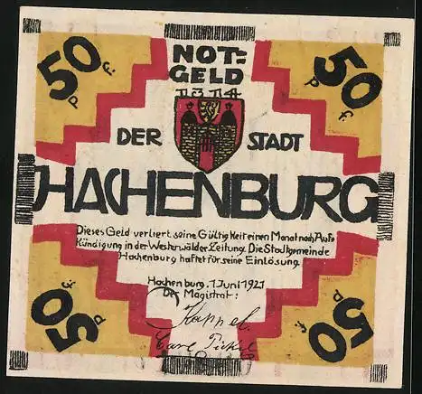 Notgeld Hachenburg 1921, 50 Pfennig, Schlossbogen zu Hachenburg, Wappen