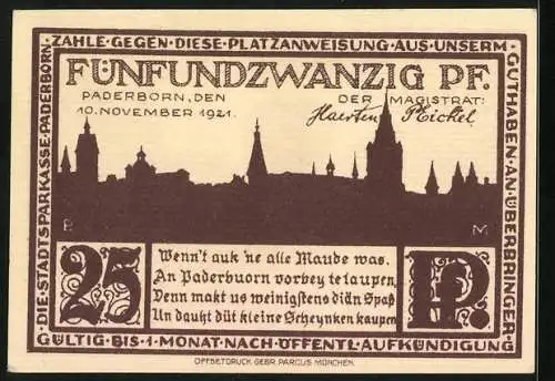 Notgeld Paderborn 1921, 25 Pfennig, Hophei Paderborn, Stadtpanorama