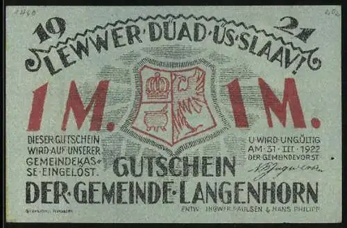 Notgeld Langenhorn 1921, 1 Mark, Kirchgang und Wappen, Gutschein