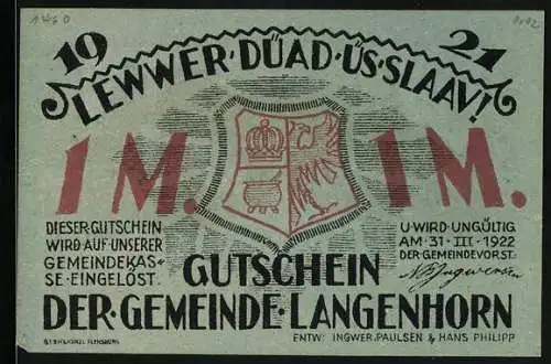 Notgeld Langenhorn 1921, 1 Mark, Kirchgang und Wappen, Gutschein