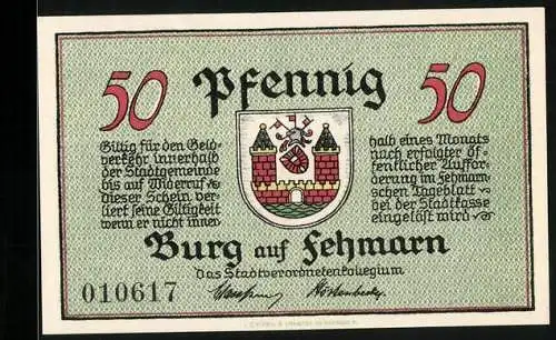 Notgeld Burg a. Fehmarn, 50 Pfennig, Panorama der Stadt und Wappen