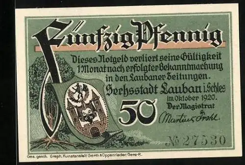 Notgeld Lauban i. Schles. 1920, 50 Pfennig, Panorama und Wappen