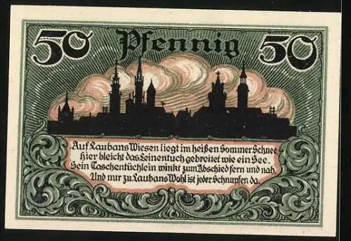 Notgeld Lauban i. Schles. 1920, 50 Pfennig, Panorama und Wappen